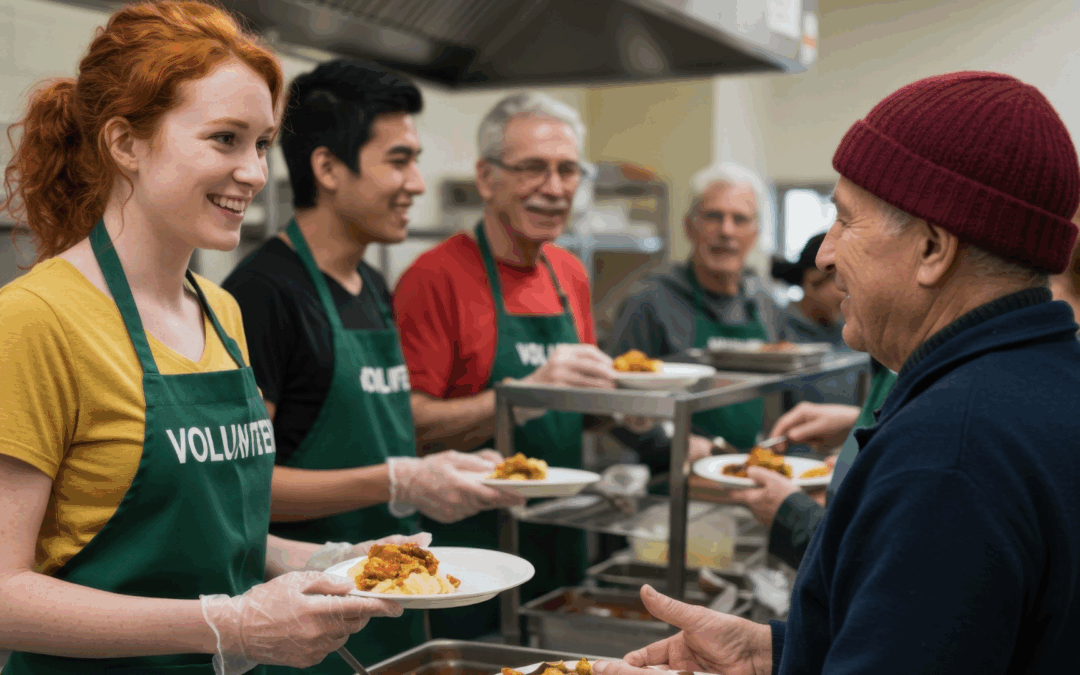Volunteers serving in a kitchen with smiles